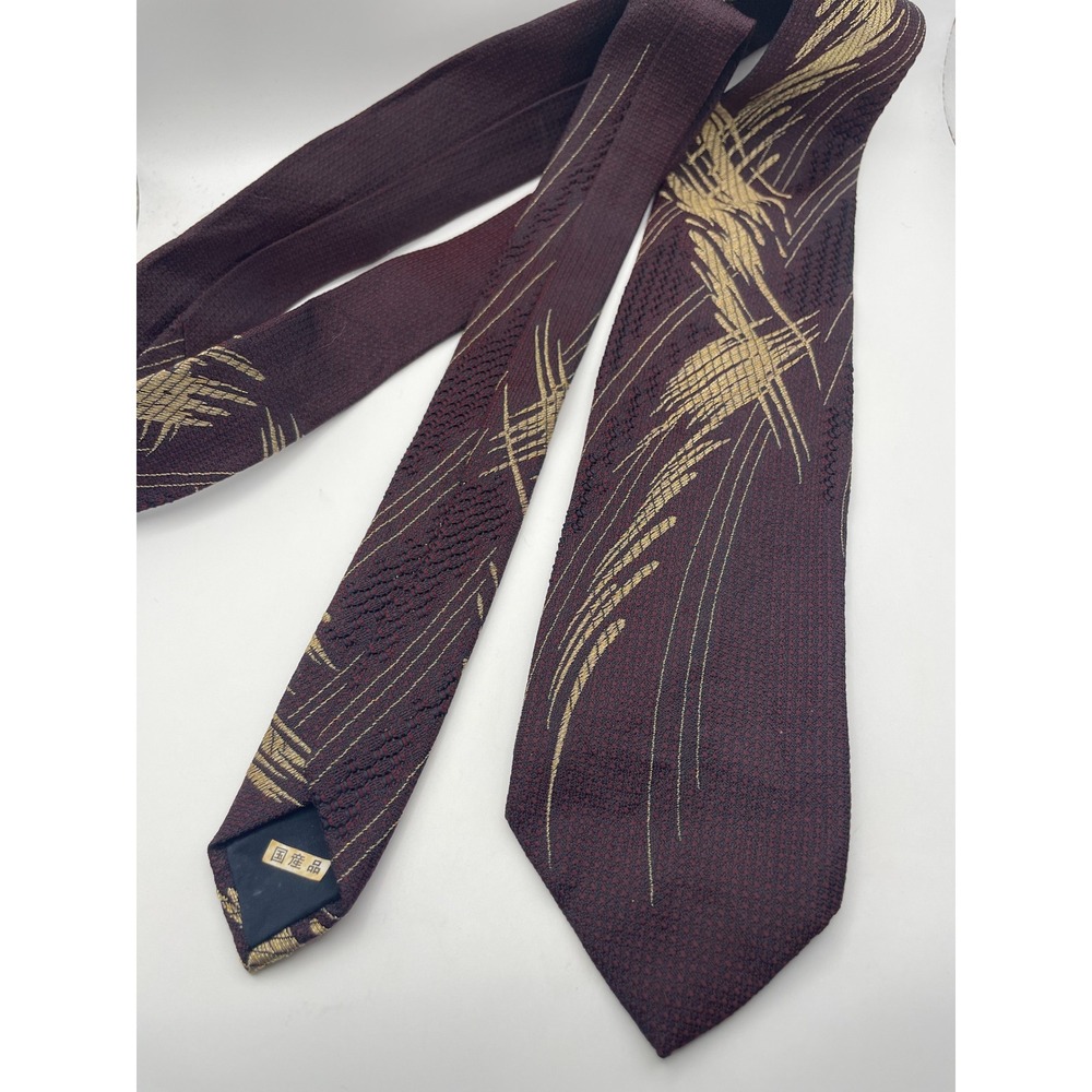 Marubutsu Gifu Vintage Japanese Silk Tie Burgundy Gold Abstract Woven Pattern